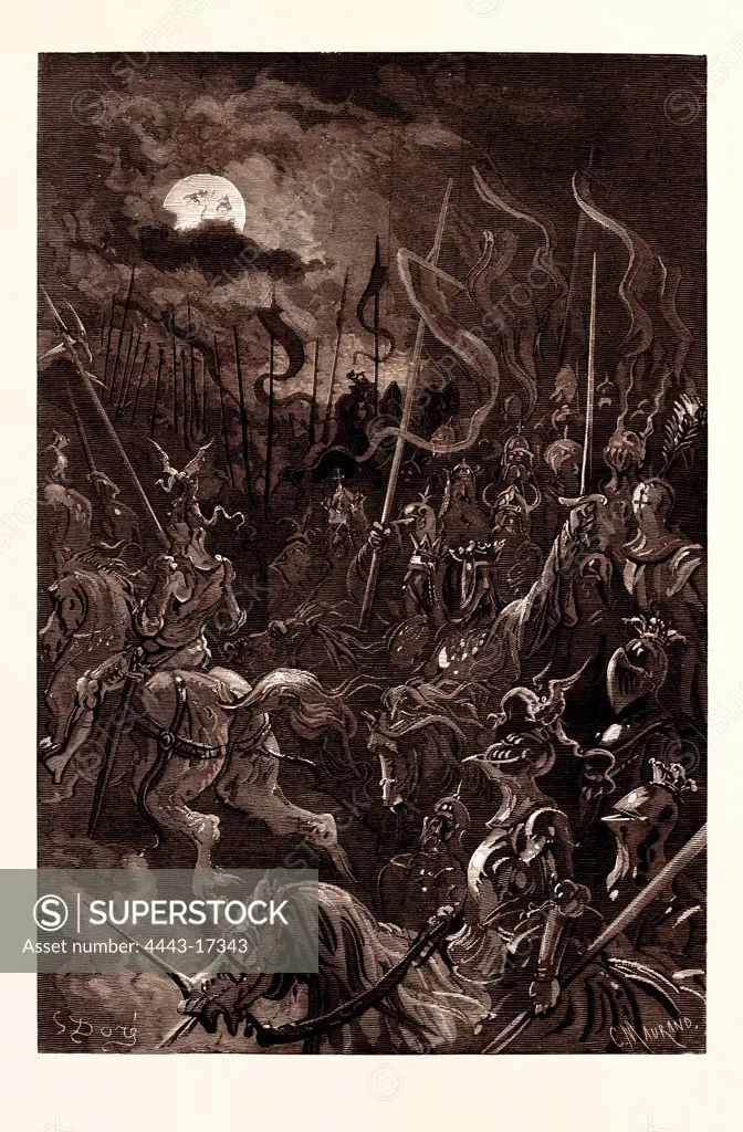 CHARLEMAGNE'S VISION, BY GUSTAVE DOR. a scene from the Legend of Croquemitaine, by Thomas Hood the Younger. Dore, 1832 - 1883, French, 1870, Art, Artist, romanticism, colour, color engraving.