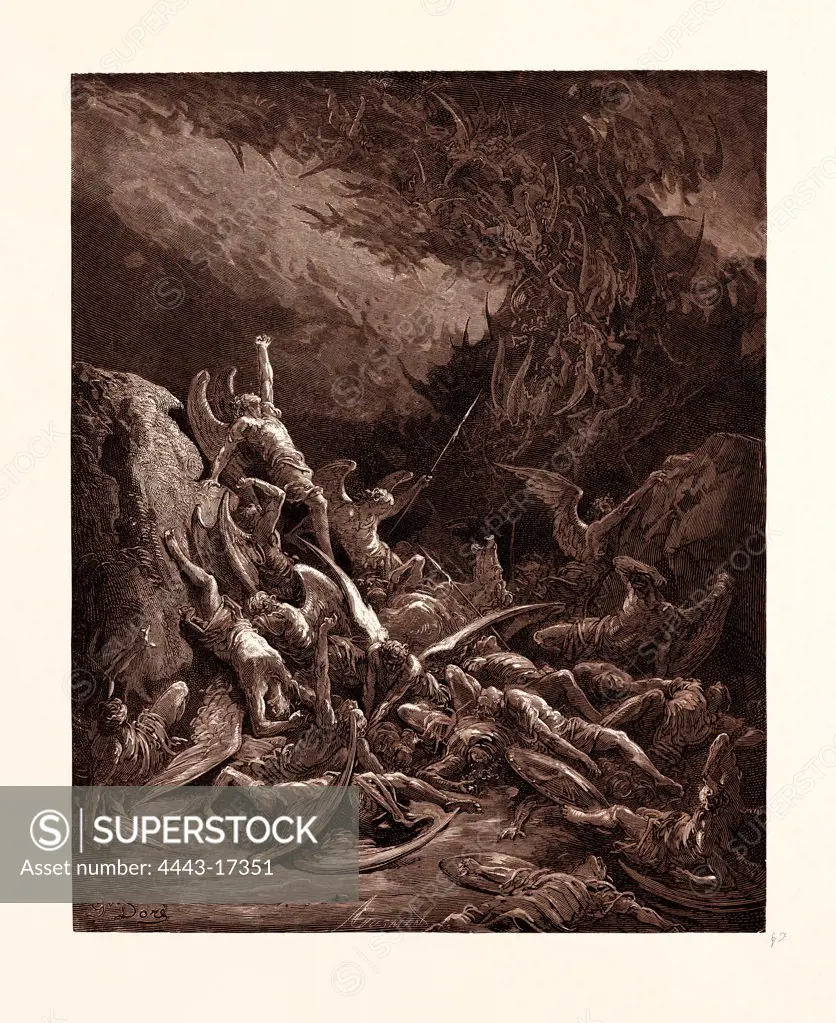 THE FALL OF THE REBEL ANGELS, BY GUSTAVE DORE. Dore, 1832 - 1883, French. Engraving for Paradise Lost by Milton. 1870, Art, Artist, romanticism, colour, color engraving.