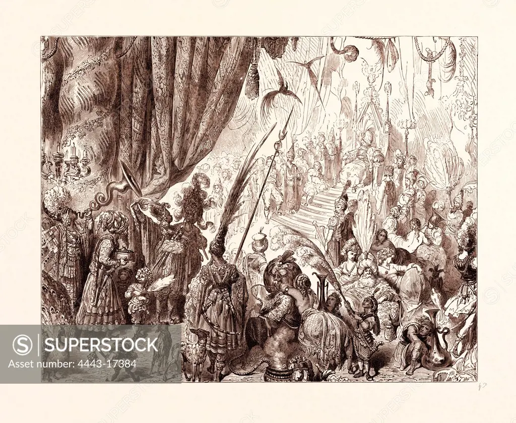 THE COURT OF THE KING OF SERENDIB, BY GUSTAVE DORE, 1832 - 1883, French. Engraving for the Persian fairy tale the legend of Sinbad the Sailor. c. 1870, Art, Artist, romanticism, colour, color engraving. Serendib being modern day Sri Lanka.