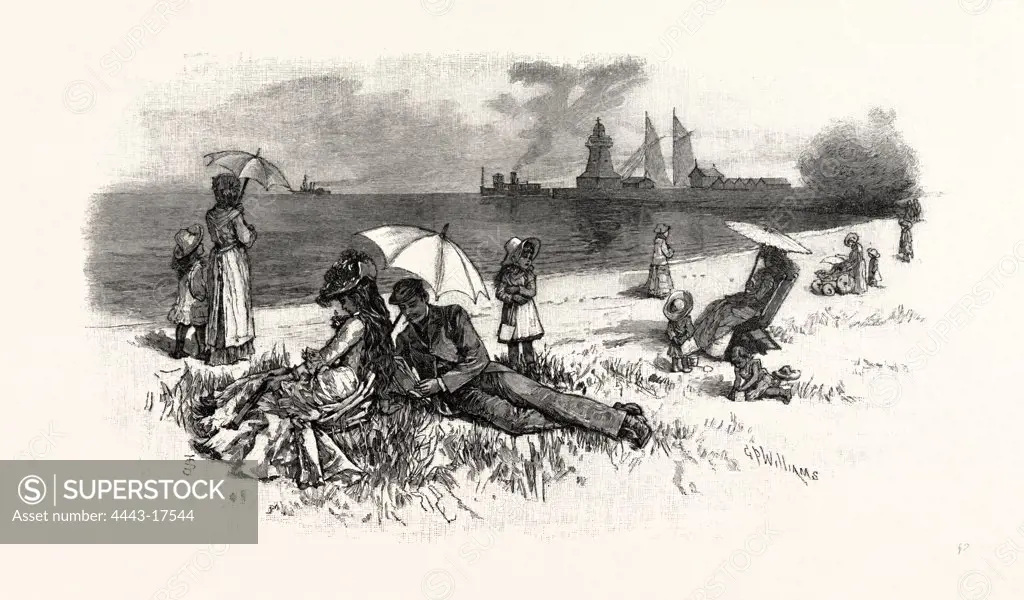 CENTRAL ONTARIO, ON THE BEACH, COBOURG, CANADA, NINETEENTH CENTURY ENGRAVING