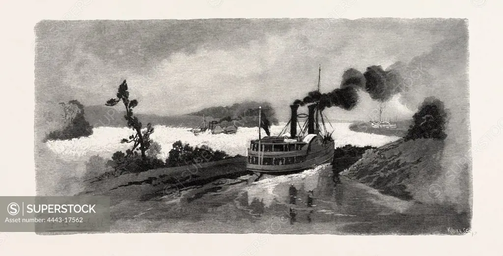 LONG SAULT RAPIDS, FROM THE CANAL, EASTERN ONTARIO, CANADA, NINETEENTH CENTURY ENGRAVING