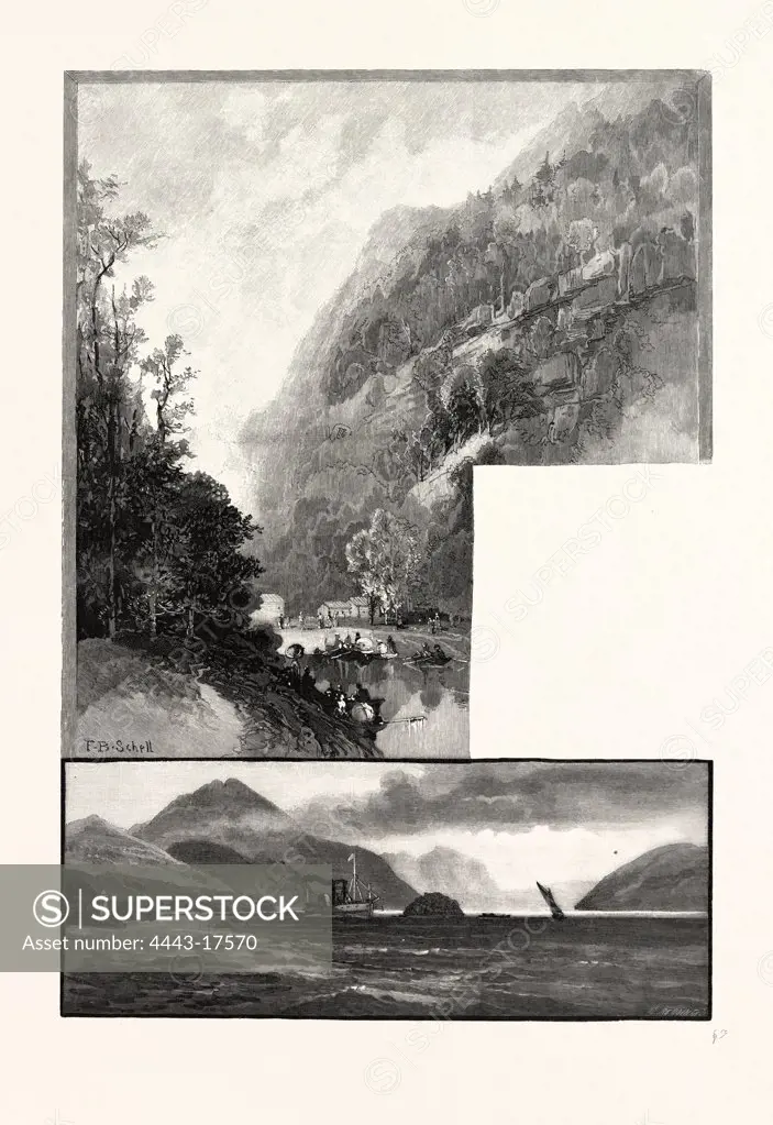 SOUTH EASTERN QUEBEC, OWL'S HEAD, FROM MOUNTAIN HOUSE (TOP); OWL'S HEAD, FROM LAKE MEMPHREMAGOG (BOTTOM), CANADA, NINETEENTH CENTURY ENGRAVING