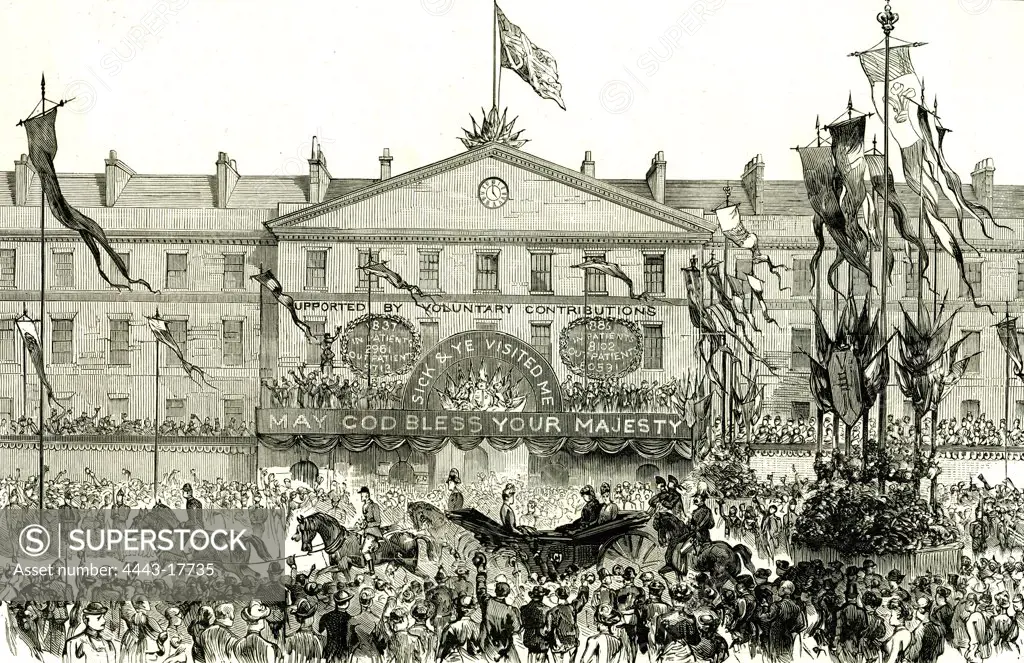 Whitechapel, London, U.K., 1887, the Royal procession passing the London hospital, may god bless your majesty, voluntary contributions, people, horses, flags, events, happy crowd