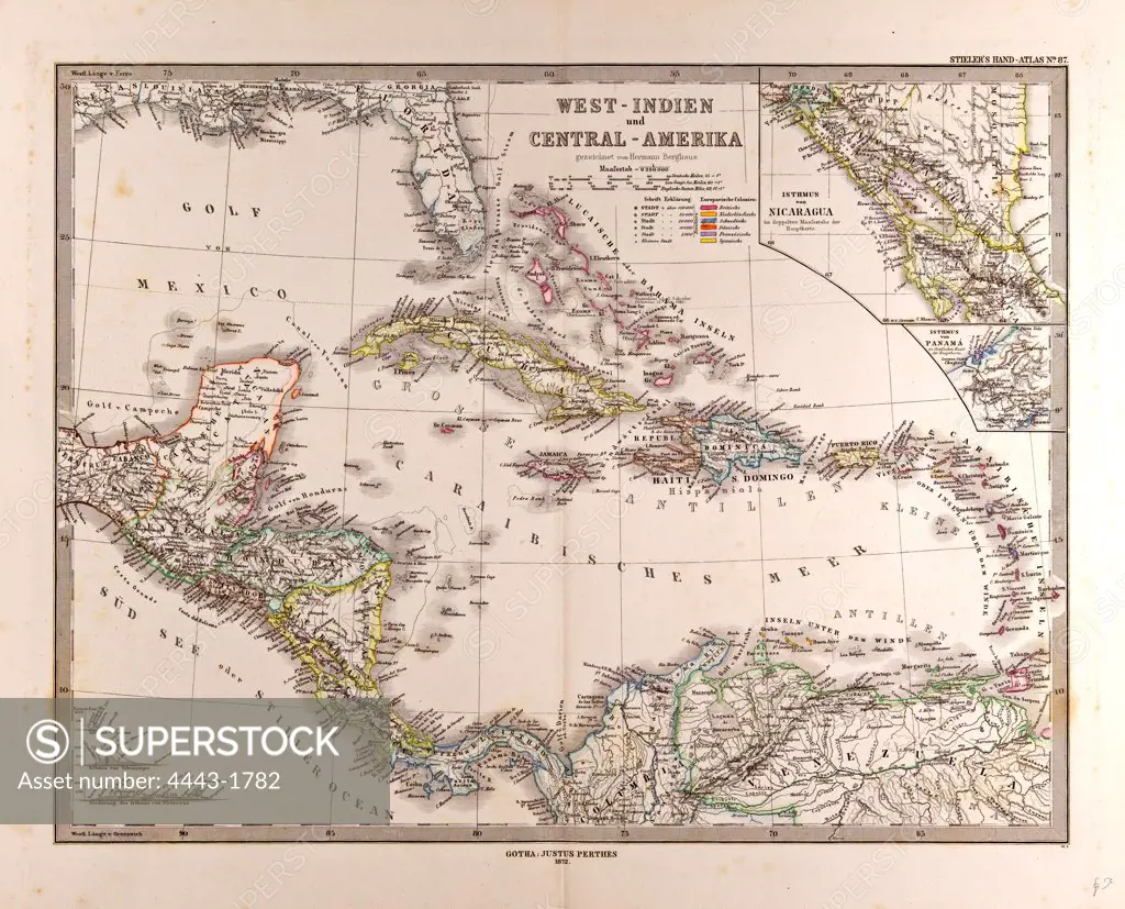 Map West Indies and Central America, Gotha, Justus Perthes, 1872, Atlas. Perthes, Johan Georg Justus 1749 Š- 1816, German publisher, was born in Rudolstadt in 1749.
