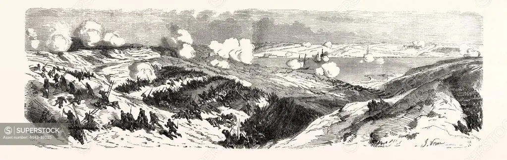 The two columns of attack of the Mayran division, on the extreme right (Case Malakoff) Soldiers (left) General Mayran injured  (center)  Columns of Zouaves 3rd Regiment, and Marines (center) Voltigeurs of the Guard, 2nd Battalion, Reserve Division Mayran (right). engraving 1855