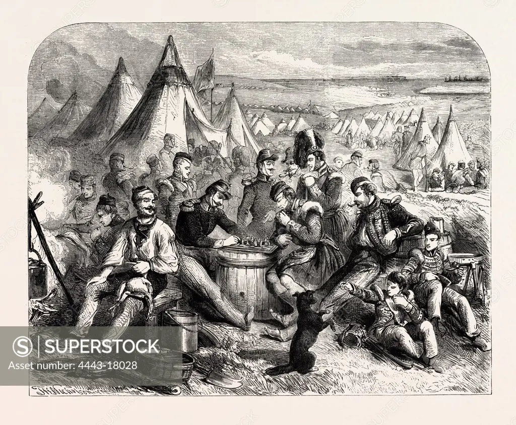Recreations in the camp in Crimea. The Crimean War, 1855, Engraving