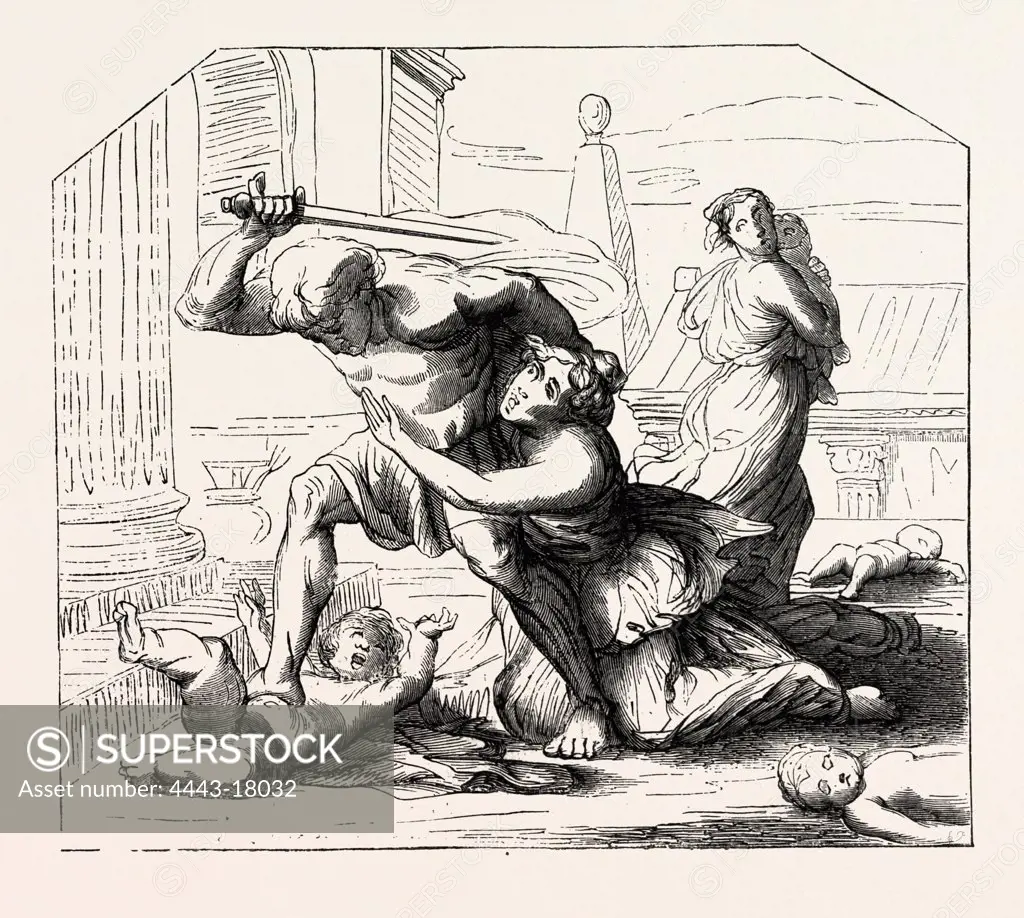 Massacre of the Innocents by Nicolas Poussin: Primitive  sketch. engraving 1855