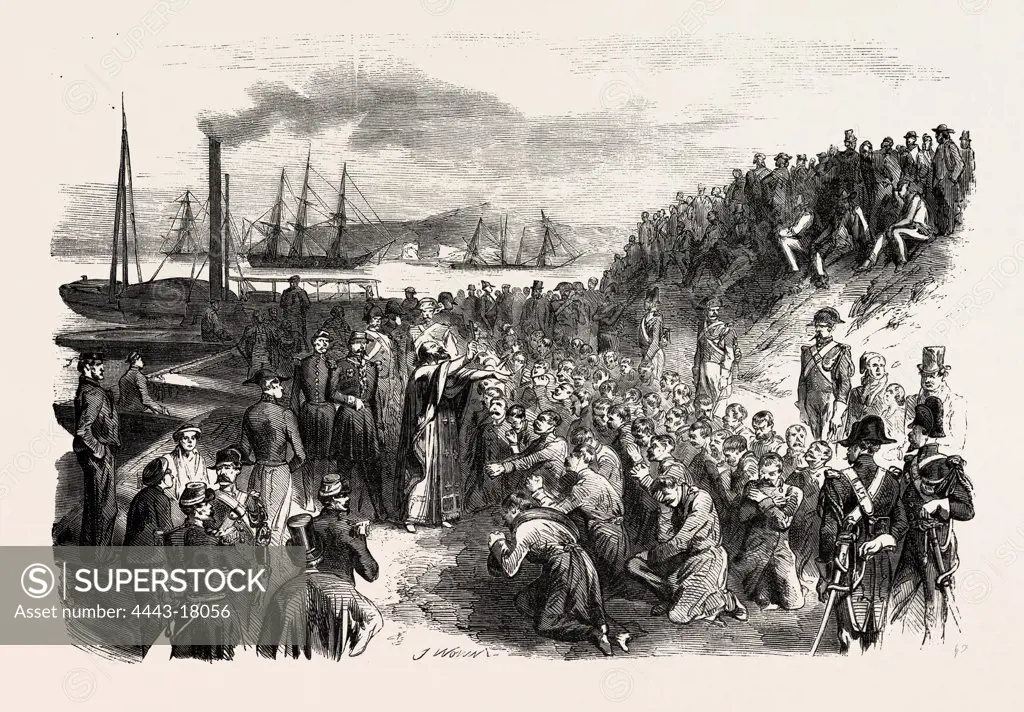 The Russian prisoners and the pope's blessing at Toulon, France. engraving 1855