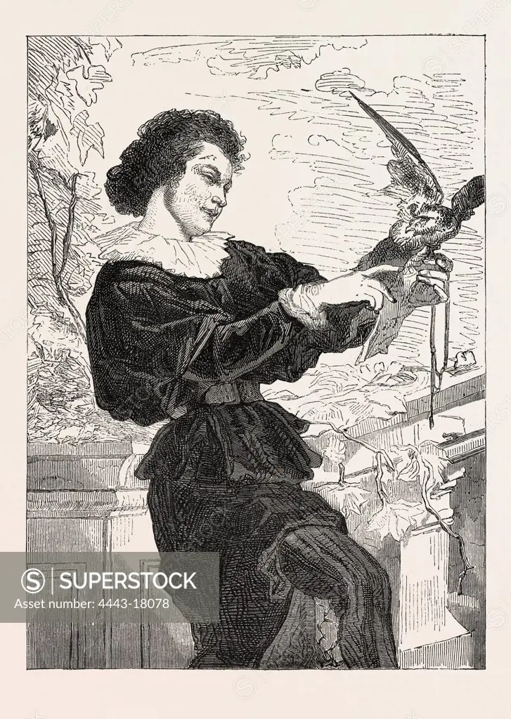 Salon of 1855. The Young Falconer, painting by Couture, France. engraving 1855