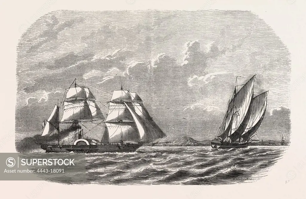 Hunting and taking the Menschikoff the Russian vessel, by the steam sloop Cocyle in the White Sea near Archangel, Russia. engraving 1855