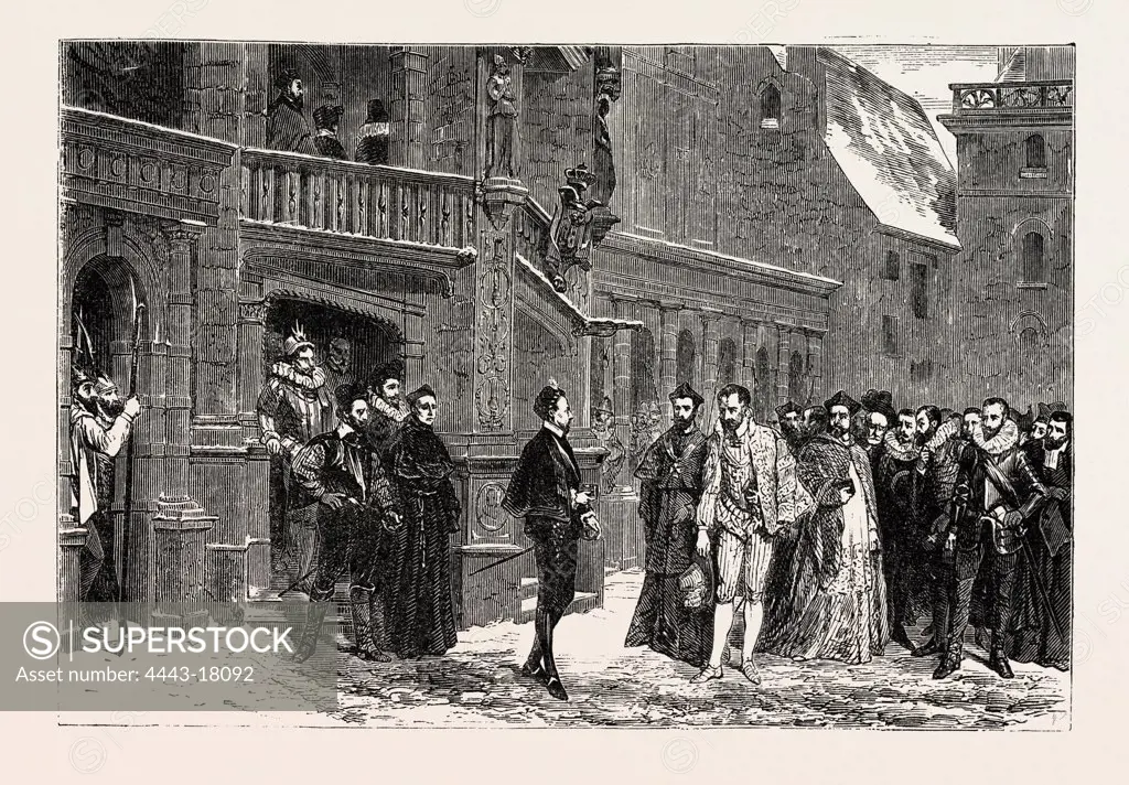 Salon of 1855. Henry III and the Duke de Guise, painting by M. Comte. engraving 1855