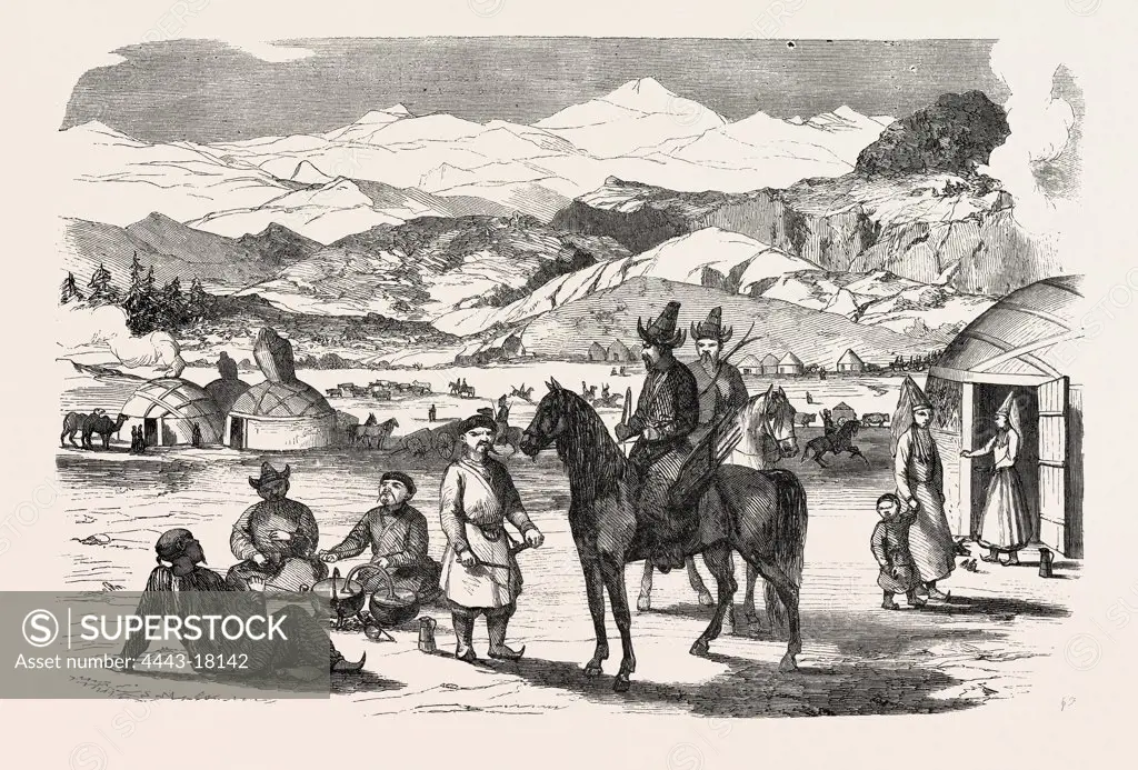 Winemaking in Kirghiz, Kyrgyz, Kyrgystan. engraving 1855