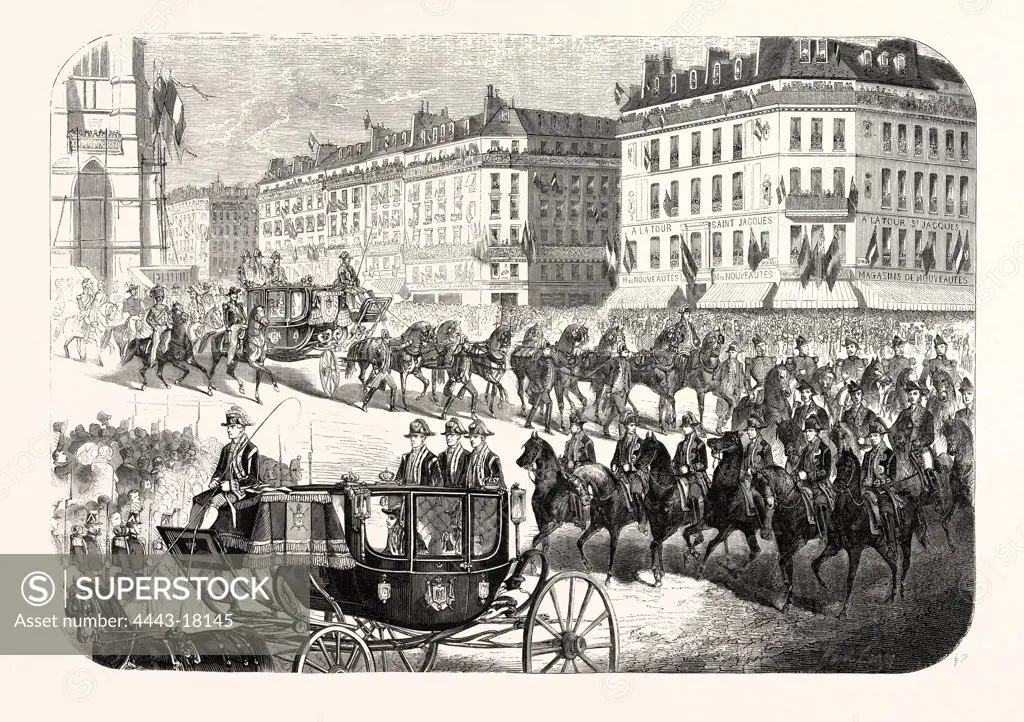 The imperial procession going to the Notre Dame, to attend the Te Deum sung in thanksgiving for the capture of Sevastopol. Paris, France. engraving 1855