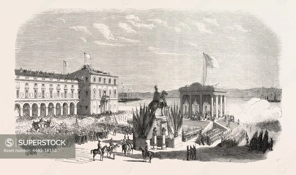Recognition of the new sovereign on the Place du Commerce in Lisbon. Portugal, 1855. Engraving
