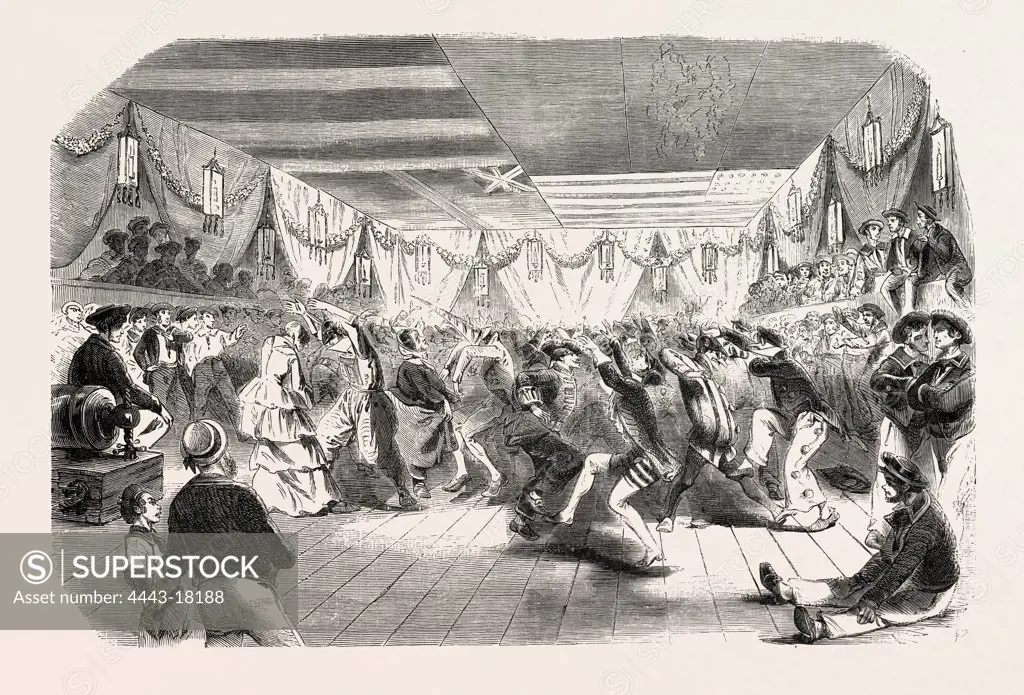 Recreations aboard the Friedland: Costume Ball, 1855. Engraving