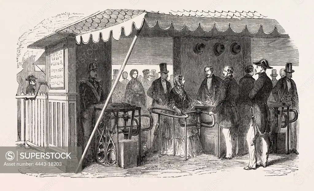 Expo industry. The turnstiles. Paris, France, Exposition Universelle. An international Exhibition held on the Champs-Elysees in 1855, consisting of an industrial and an beaux Arts exposition. Engraving