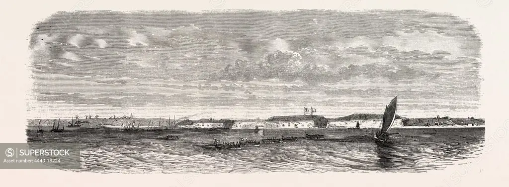View of Fort Kinburn, taken from La Lave, from his battle station. Otchakoff. Burial men of the devastation. Gate of the fort destroyed by the bombing. The Crimean War, 1855. Engraving