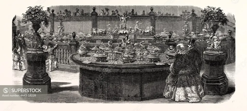 Expo Industry, 1855. Service table ordered from Mr. Christofle, by the Emperor. Paris, France, Exposition universelle. An international Exhibition held on the Champs-Elysees in 1855, consisting of an industrial and an beaux Arts exposition. Engraving