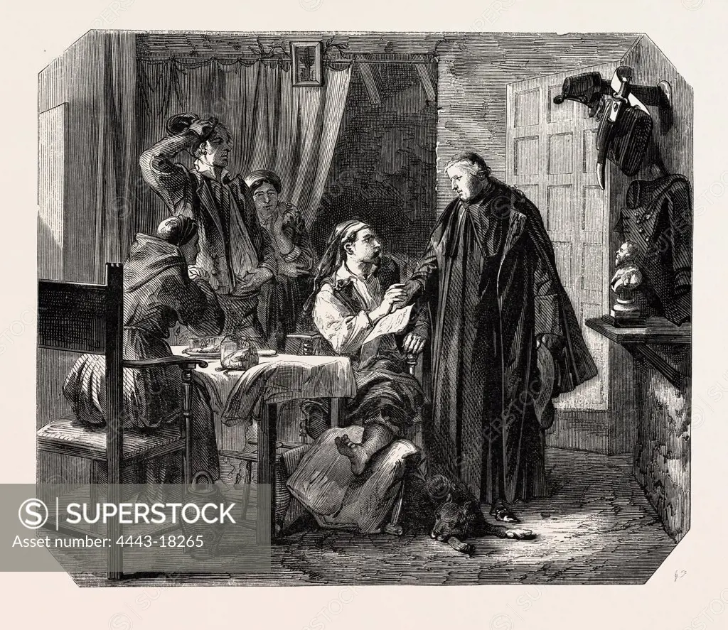 School Sardinia. The news of the death of King Charles Albert, painting by Mr Ferri. engraving 1855