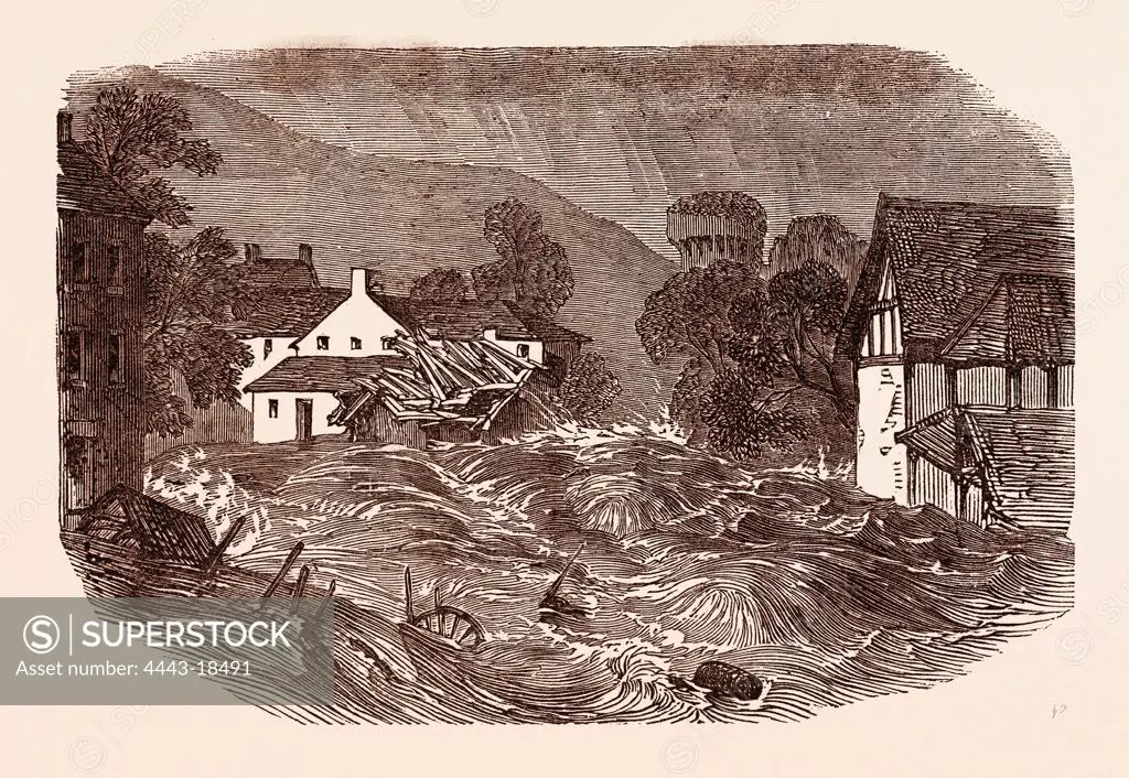 GREAT FLOOD AT BRECON, SOUTH WALES, JULY 9, 1853, UK, britain, british, europe, united kingdom, great britain, european