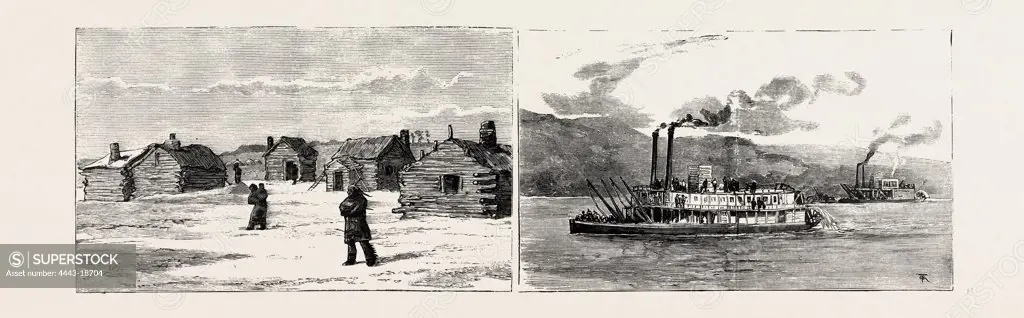 THE RECENT REBELLION IN CANADA: FIRST LOG AND MUD HOUSES BY THE STONY INDIANS UNDER THE DIRECTON OF MR. PAYNE, WHOM THEY AFTERWARDS MURDERED (LEFT); STERN-WHEEL STEAMERS 'ALBERTA' AND 'NORTH-WEST' CONVEYING TROOPS UP THE NORTH SASKATCHEWAN RIVER TO FORT PITT (RIGHT)
