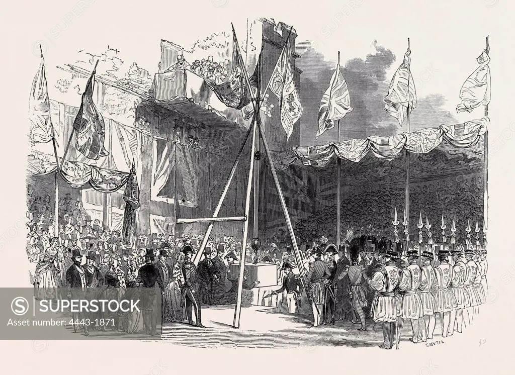 THE DUKE OF WELLINGTON LAYING THE FIRST STONE OF THE WATERLOO BARRACKS, AT THE TOWER OF LONDON, GREAT BRITAIN