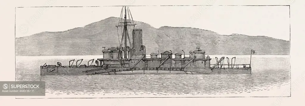 THE PARTICULAR SERVICE SQUADRON IN BANTRY BAY: THE 'POLYPHEMUS' IN HER WAR-PAINT, SHOWING HER RELATIVE TONE WITH THE SEA AND LAND