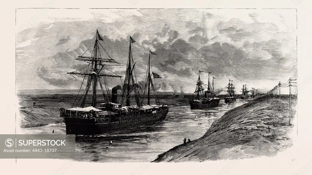 THE BLOCK IN THE SUEZ CANAL: PROCESSION OF STEAMERS AFTER THE RENEWAL OF TRAFFIC