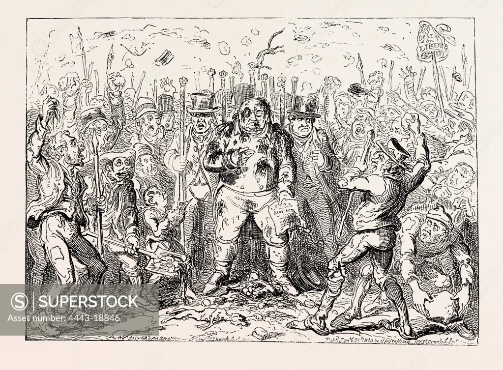 GEORGE CRUIKSHANK: THE LAW'S DELAY! SHOWING THE ADVANTAGES AND COMFORT OF WAITING THE SPECIFIED TIME AFTER READING THE RIOT ACT TO A RADICAL MOB; OR, A BRITISH MAGISTRATE IN THE DISCHARGE OF HIS DUTY, AND THE PEOPLE OF ENGALND IN THE DISCHARGE OF THEIRS! SEE SPEECHES OF THE OPPOSITION.