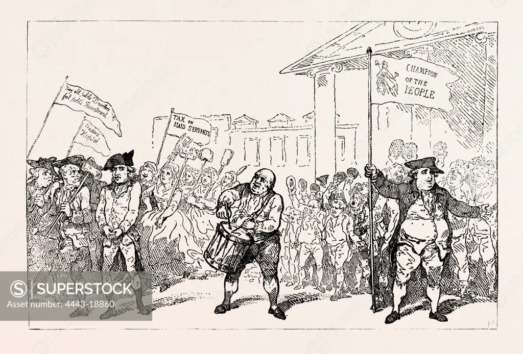 T. ROWLANDSON: THE WESTMINSTER DESERTER DRUMMED OUT OF THE REGIMENT, DEFEAT OF SIR CECIL WRAY. HUSTINGS, COVENT GARDEN, WESTMINSTER ELECTION, 1784