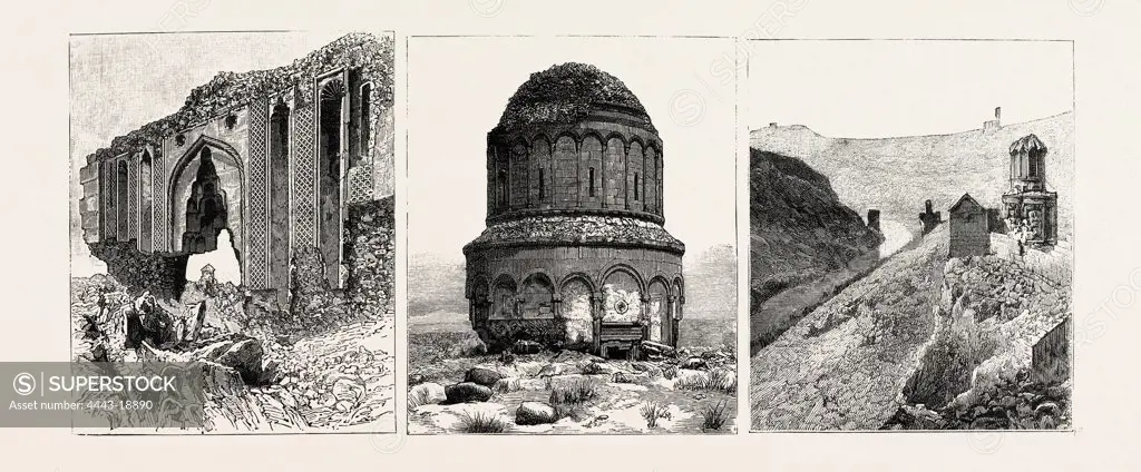 RUINS AT ANI, ARMENIA: THE GREAT GATE OF THE PALACE OF THE BAHLAVOUNI PRINCES (LEFT); ST. SAVIOUR'S CHURCH OF ABOULGHARIB (CENTRE); SOUTHERN SIDE OF THE CITY ON THE AKHOURIAN RIVER (RIGHT)