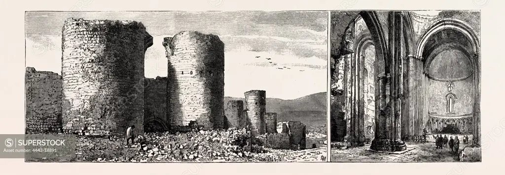 RUINS AT ANI, ARMENIA: THE NORTHERN WALLS, SHOWING THE GATE OF KARS (LEFT); INTERIOR OF THE CATHEDRAL CHURCH, LOOKING TOWARDS THE PRINCIPAL ALTAR (RIGHT)