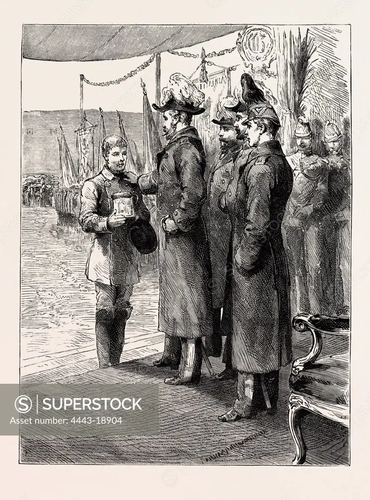THE PRINCE OF WALES IN SWEDEN: THE KING OF SWEDEN DISTRIBUTING PRIZES AT THE STOCKHOLM RIFLE MEETING