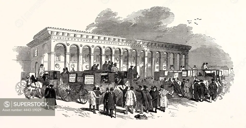 THE CAMBRIDGE CHANCELLORSHIP ELECTION: THE RAILWAY STATION AT CAMBRIDGE, ARRIVAL OF VOTERS, UK, 1847