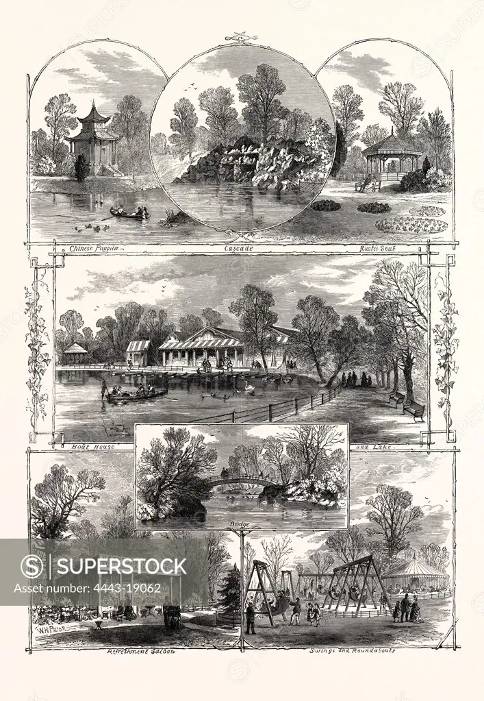 THE QUEEN'S VISIT TO VICTORIA PARK: VIEWS IN THE PARK, LONDON, UK, 1873. CHINESE PAGODA, CASCADE, RUSTIC SEAT, BOAT HOUSE AND LAKE, REFRESHMENT SALOON, SWINGS AND ROUNDABOUTS