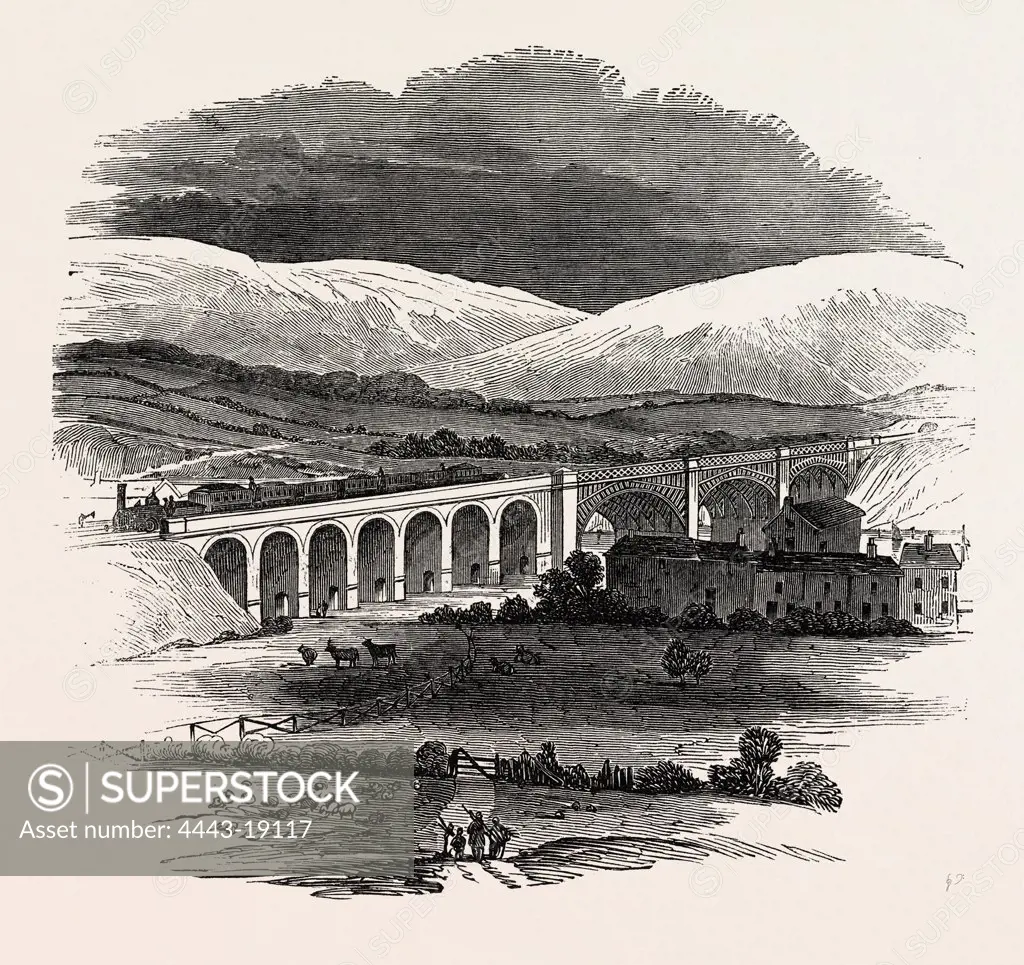OPENING OF THE LANCASTER AND CARLISLE RAILWAY: BRIDGE OVER THE LUNE, FROM THE CHURCHYARD, LANCASTER, UK, 1846