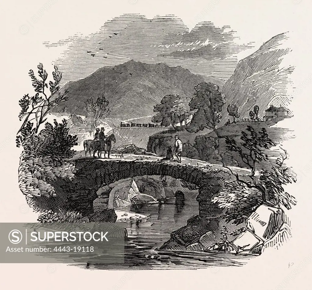 OPENING OF THE LANCASTER AND CARLISLE RAILWAY: PACKHORSE BRIDGE OVER THE LUNE. BORROW BRIDGE, THE RAILWAY IN THE DISTANCE. UK, 1846