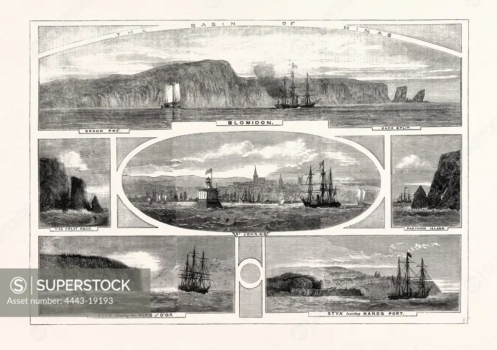 PROGRESS OF THE PRINCE OF WALES IN BRITISH NORTH AMERICA, VIEWS ILLUSTRATING THE PASSAGE OF H.M.S. 'STYX,' HAVING HIS ROYAL HIGHNESS ON BOARD, FROM HANDSPORT TO ST. JOHN, NEW BRUNSWICK. CANADA, 1860. THE BASIN OF MINAS. PARTRIDGE ISLAND. THE SPLIT ROCK.