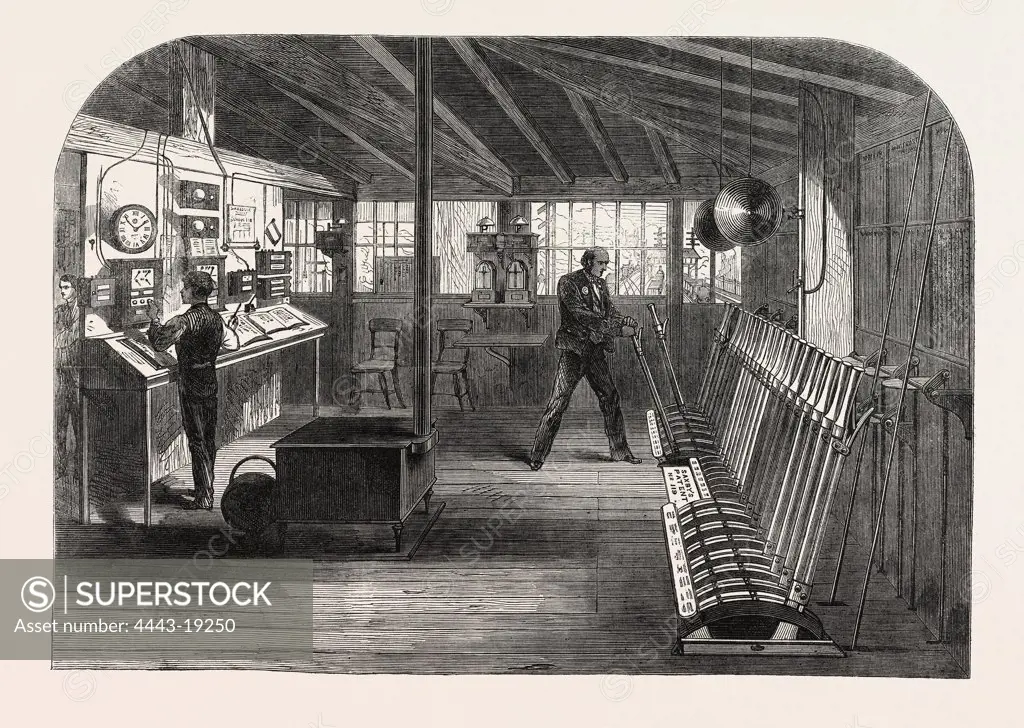 INTERIOR OF THE A.B. SIGNAL-BOX OF THE SOUTH EASTERN RAILWAY AT THE LONDON BRIDGE STATION, LONDON, UK, 1866