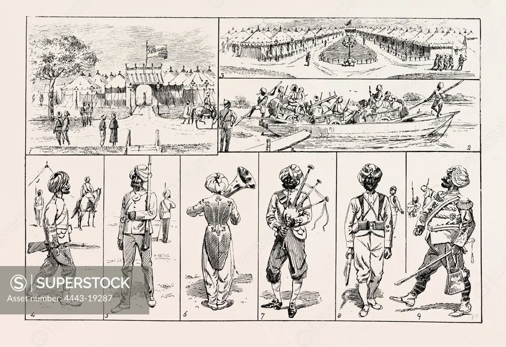 SKETCHES AT THE RAWUL PINDI DURBAR, 1885. 1. Entrance to Rajah of Bhawulpore's Tent. 2. Baggage of a Punjaub Infantry regiment, with carts, crossing the Jhelum ferry. 3. The Viceroy's Camp at Rawul Pindi. 4. Rajah of Nabha's Infantry. 5. Infantry of the Rajah of Jheend. 6. Bandsman of Rajah of Jheend troops. 7. Rajah of Chumba's bagpipes. 8. Sikh of the Punjaub Infantry. 9. Colonel of Maharajah of Puttiala's Infantry.
