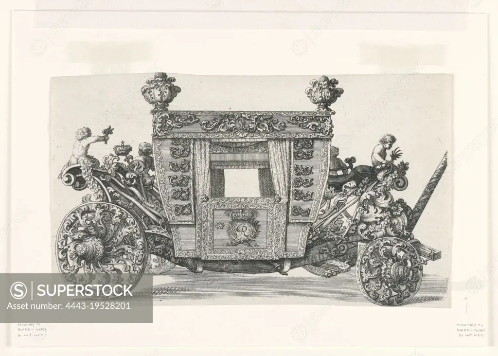 Side view of the Second Carriage of Lord Castelmaine built in 1686 by Andrea Cornely after his own designs, Arnold van Westerhout, Flemish, 1651 - 1725, Andrea Cornely, Engraving on off-white laid paper, Side view of an ornate baroque carriage., France, 1687-1700, transportation, Print, Print