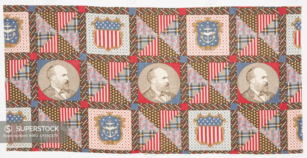 Textile, Medium: cotton Technique: printed, Printed patchwork fragment has the image of President James A. Garfield and alternating shield flags patterned with either stars and stripes or an anchor with stars. Remaining quadrants have a printed patchwork design and are divided into eight equal triangles filled with four different patterns. This particular image of Garfield in profile wearing a white shirt and dark jacket and tie is based on a photograph from the Pach Brothers photography studio of New York and was widely circulated around the United States., USA, 1880, printed, dyed & painted textiles, Textile