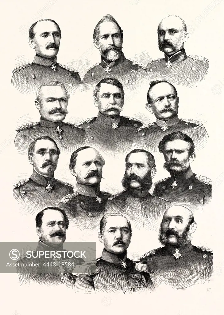 FRANCO-PRUSSIAN WAR: GERMAN COMMANDERS: ALVENSLEBEN, 3rd CORPS; BOSE 11th CORPS; Von Goeben, 8th CORPS; von Zastrow, 7th CORPS; TUMPLING, 6th CORPS; ALVENSLEBEN, 4th CORPS; PRINCE AUG. WURTEMBERG, ALBERT, ROYAL PRINCE OF SAXONY, 12 CORPS, DE Voigts-Rhetz 10th CORPS; Kirchbach fifth CORPS; Fransecky, 2nd CORPS; Manteuffel, 1r CORPS; Manstein, 9th CORPS, ENGRAVING 1870