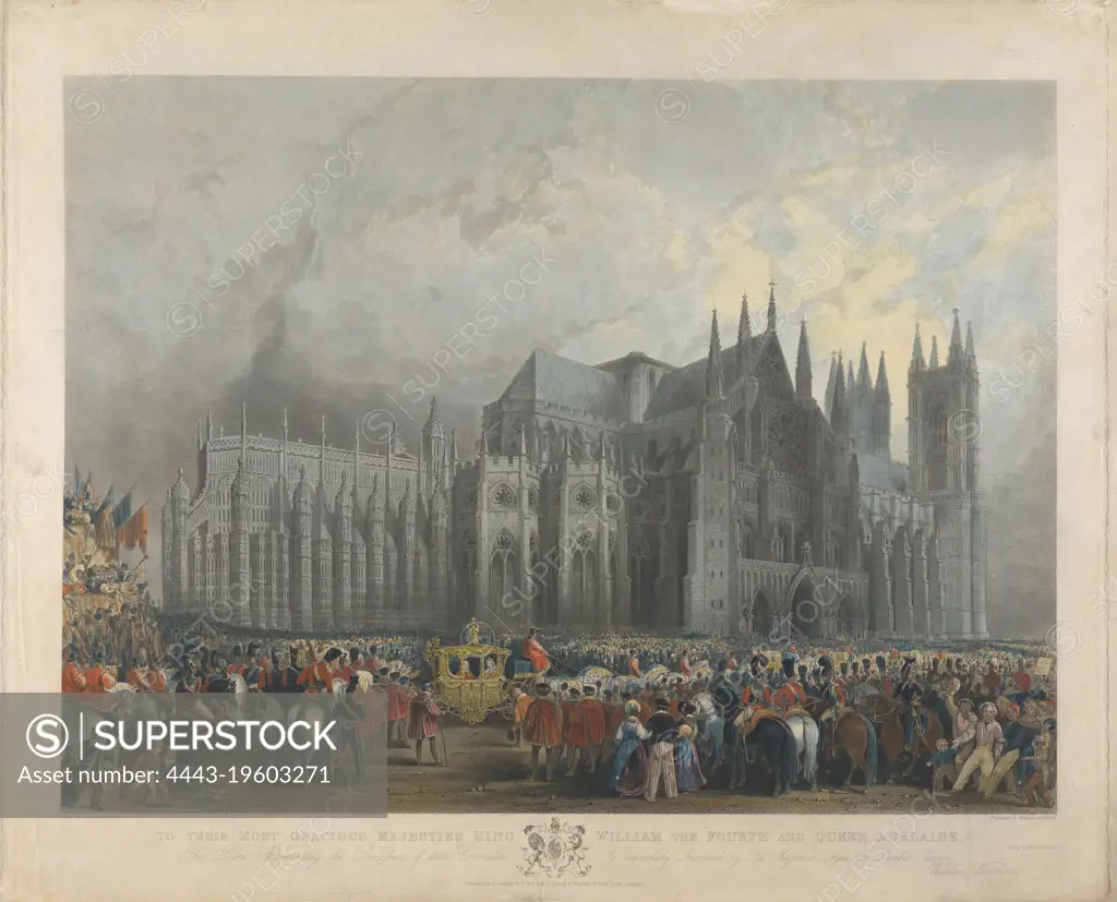 Coronation of King William IV and Queen Adelaide, William Woolnoth, active 1806-1830, British, after George Cattermole, 1800-1868, British, 1831, Engraving, hand-colored