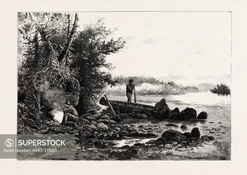 CENTRAL ONTARIO, WATCHING FOR DEER, CANADA, NINETEENTH CENTURY ENGRAVING