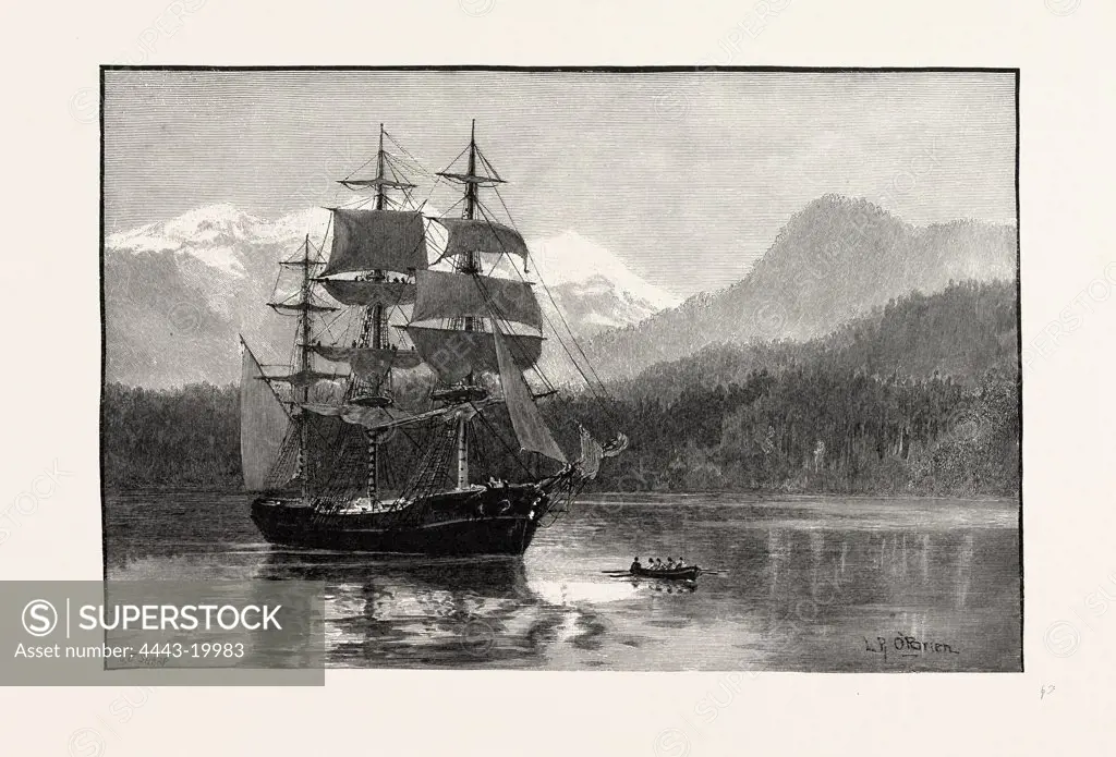 BRITISH COLUMBIA, PORT MOODY, VESSEL CONTAINING FIRST SHIPMENT OF CANADA PACIFIC R.R. IRON, CANADA, NINETEENTH CENTURY ENGRAVING