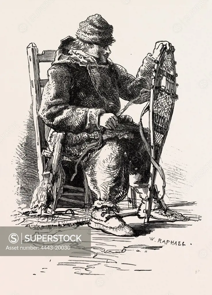 FRENCH CANADIAN LIFE, HABITANT AND SNOW-SHOES, CANADA, NINETEENTH CENTURY ENGRAVING