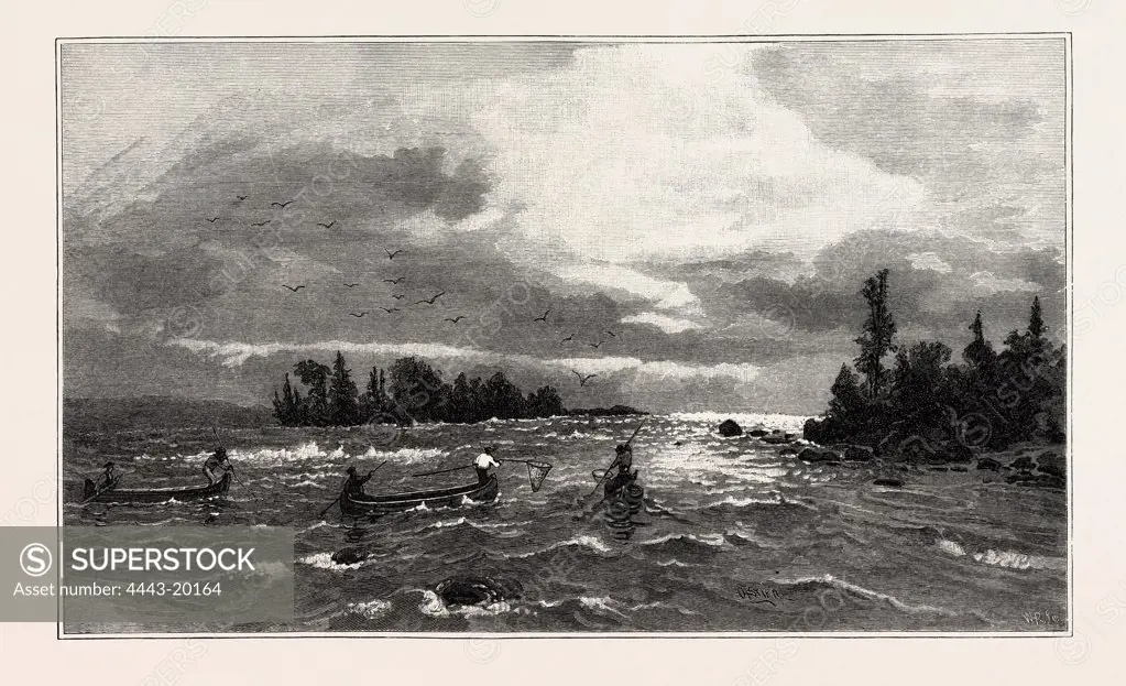 THE UPPER LAKES, THE SAULT STE. MARIE RAPIDS, CANADA, NINETEENTH CENTURY ENGRAVING