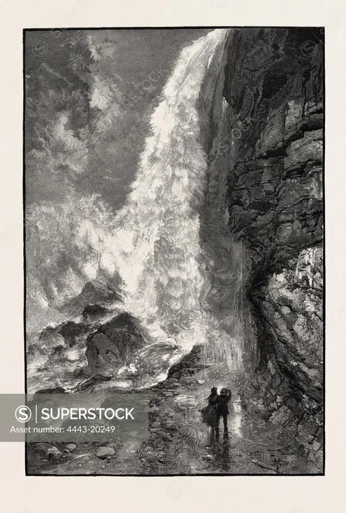 APPROACH TO CAVE OF THE WINDS, CANADA, NINETEENTH CENTURY ENGRAVING