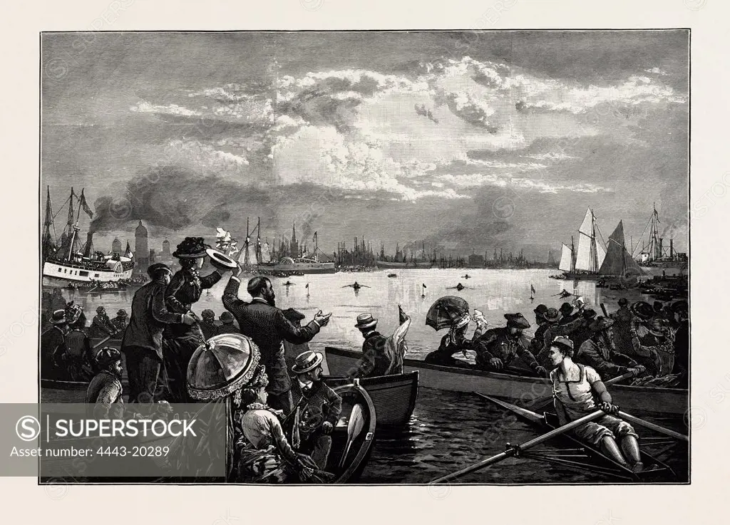 TORONTO HARBOUR, A SCULLING MATCH, CANADA, NINETEENTH CENTURY ENGRAVING